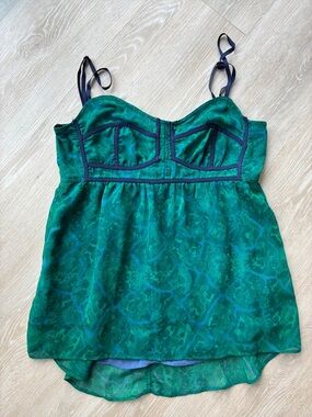 *VINTAGE*PJK Patterson J. Kincaid Green Printed Bustier Camisole with Navy Trim
